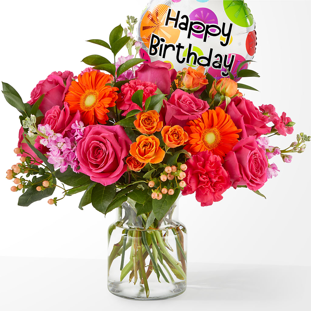 Fiesta Bouquet with Birthday Balloon – ROSEMARY & PEPPER FLOWER CO, Gaylord MI