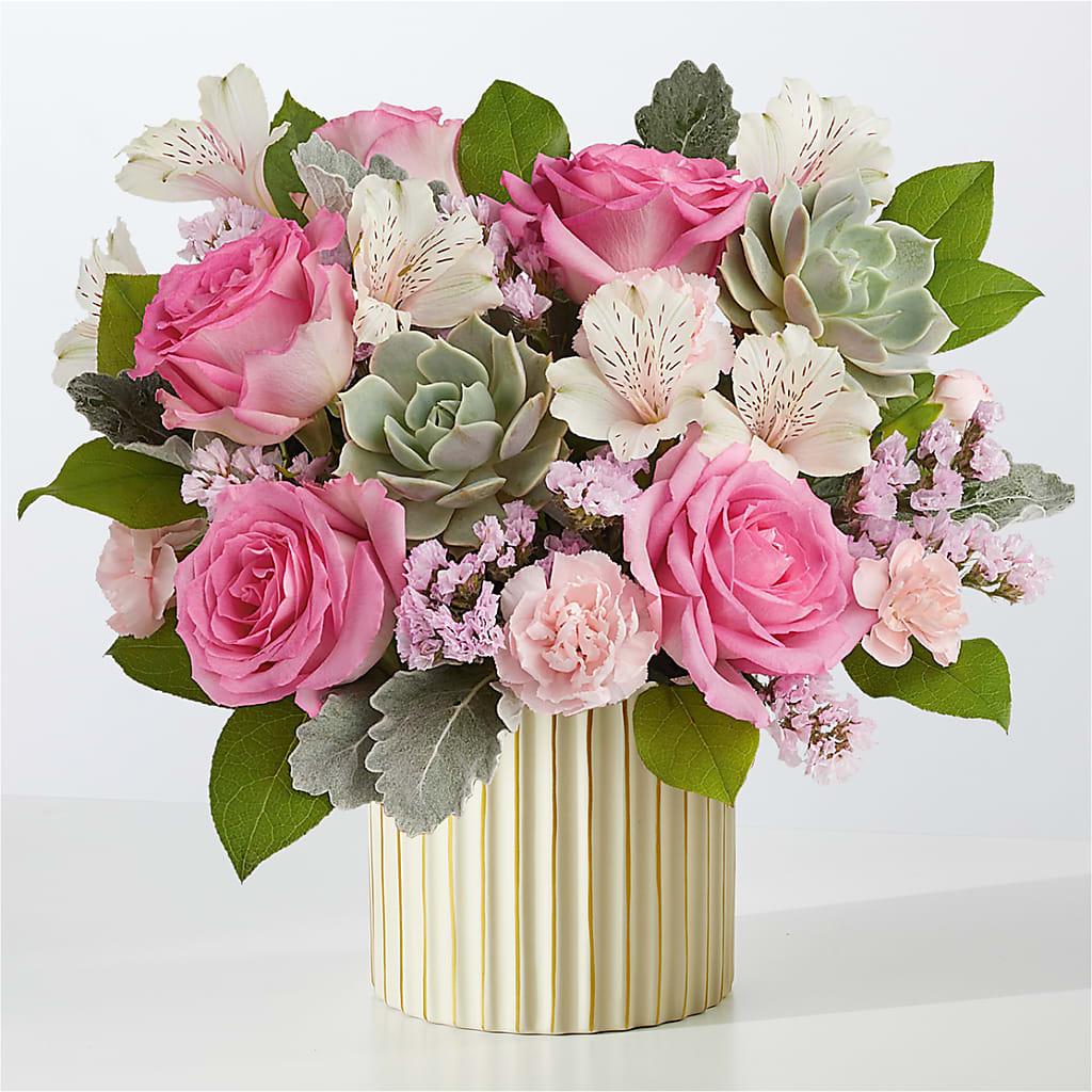 Dusty Rose Bouquet with Ivory Vase – ROSEMARY & PEPPER FLOWER CO, Gaylord MI
