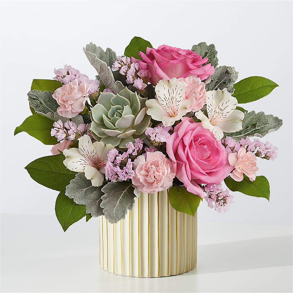 Dusty Rose Bouquet with Ivory Vase – ROSEMARY & PEPPER FLOWER CO, Gaylord MI