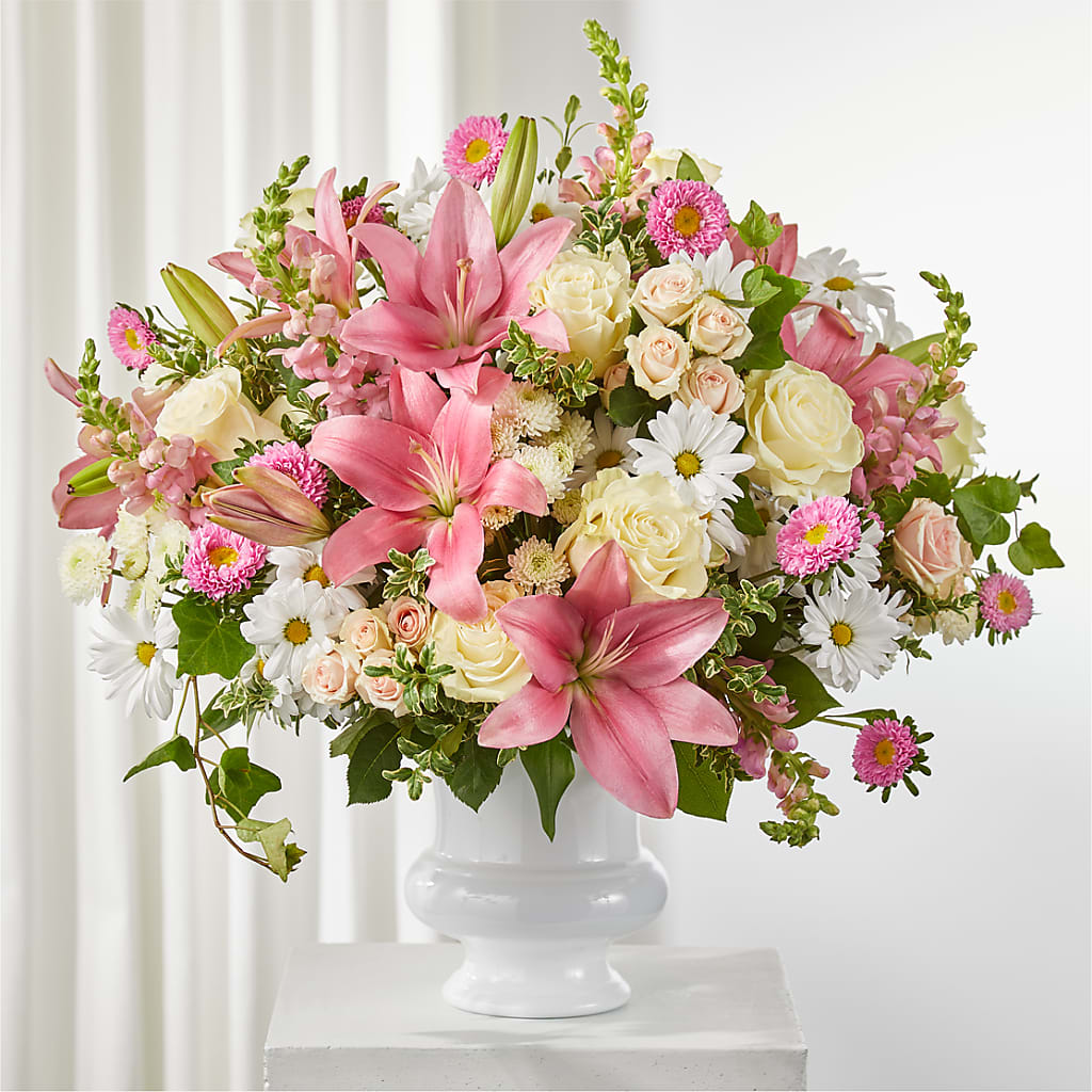 Empathetic Blooms Urn Arrangement – ROSEMARY & PEPPER FLOWER CO, Gaylord MI