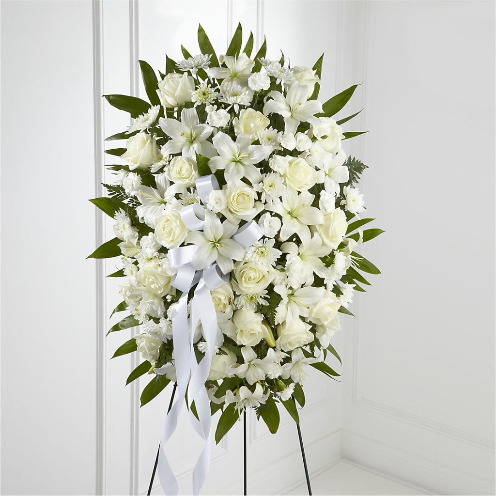 Exquisite Tribute Standing Spray-White Ribbon – ROSEMARY & PEPPER FLOWER CO, Gaylord MI