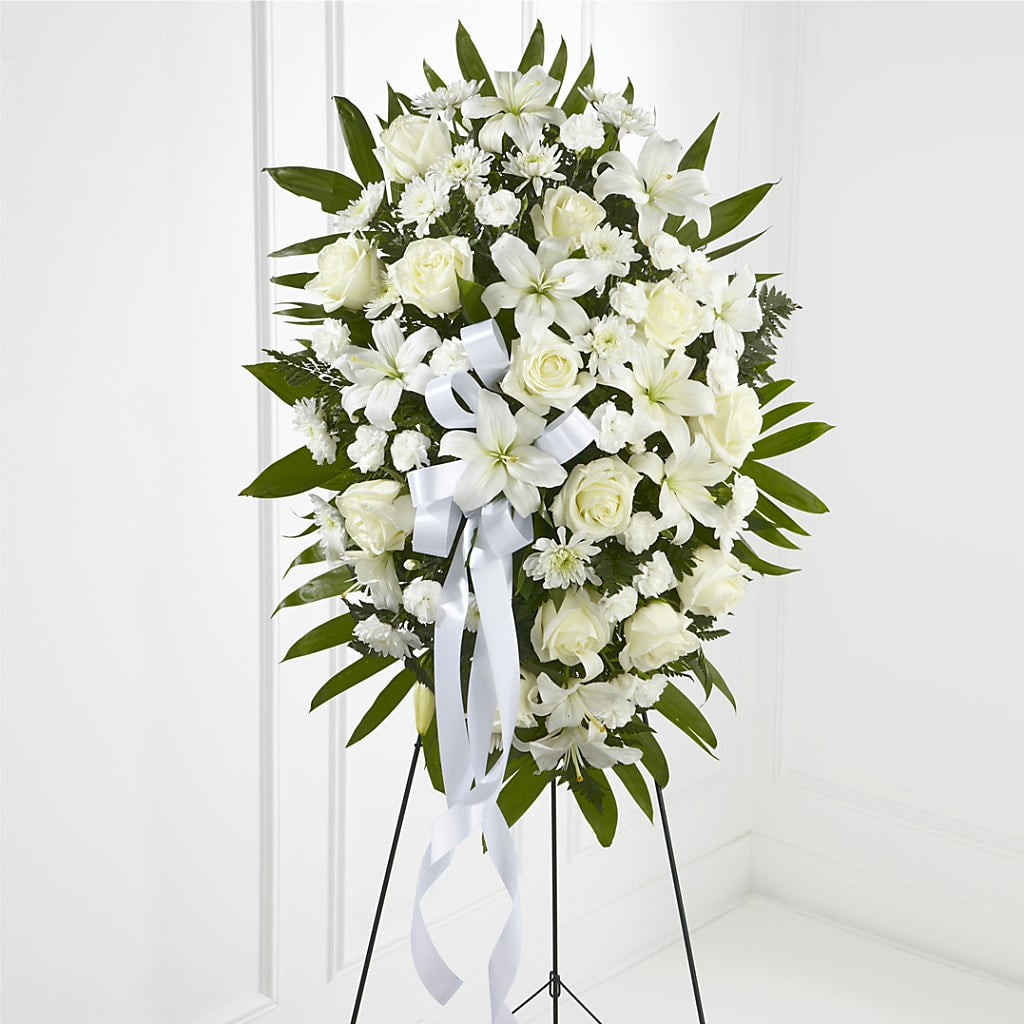 Exquisite Tribute Standing Spray-White Ribbon – ROSEMARY & PEPPER FLOWER CO, Gaylord MI