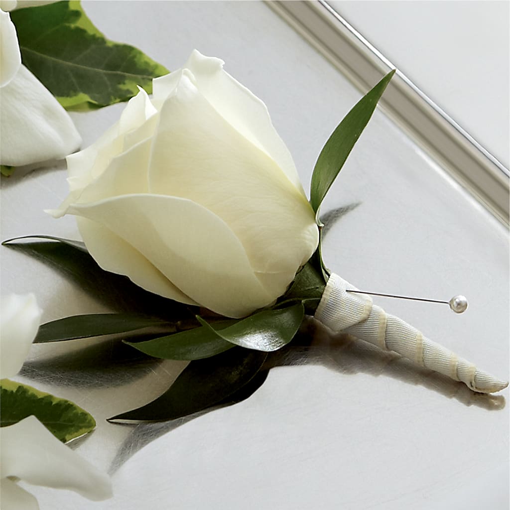 White Rose Boutonniere – ROSEMARY & PEPPER FLOWER CO, Gaylord MI