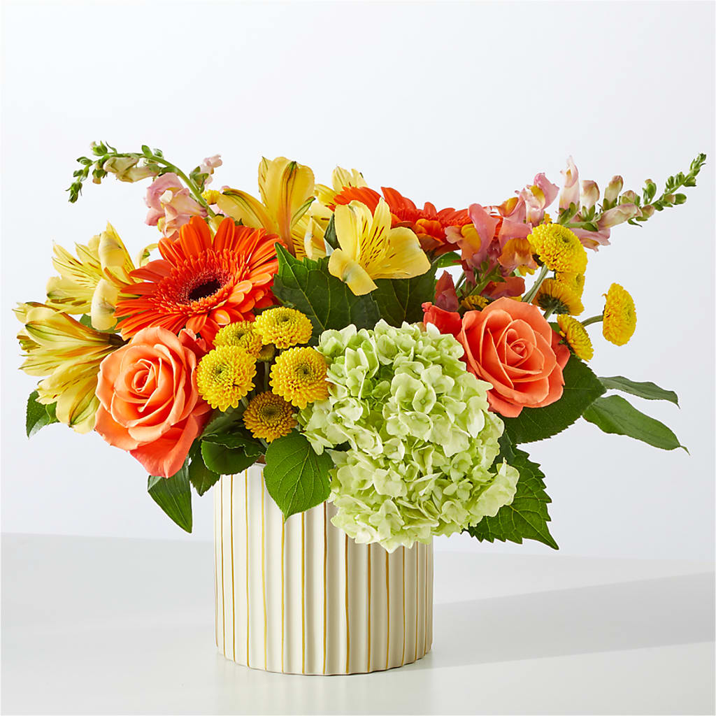 Autumn Sunshine Bouquet with Ivory Vase – ROSEMARY & PEPPER FLOWER CO, Gaylord MI