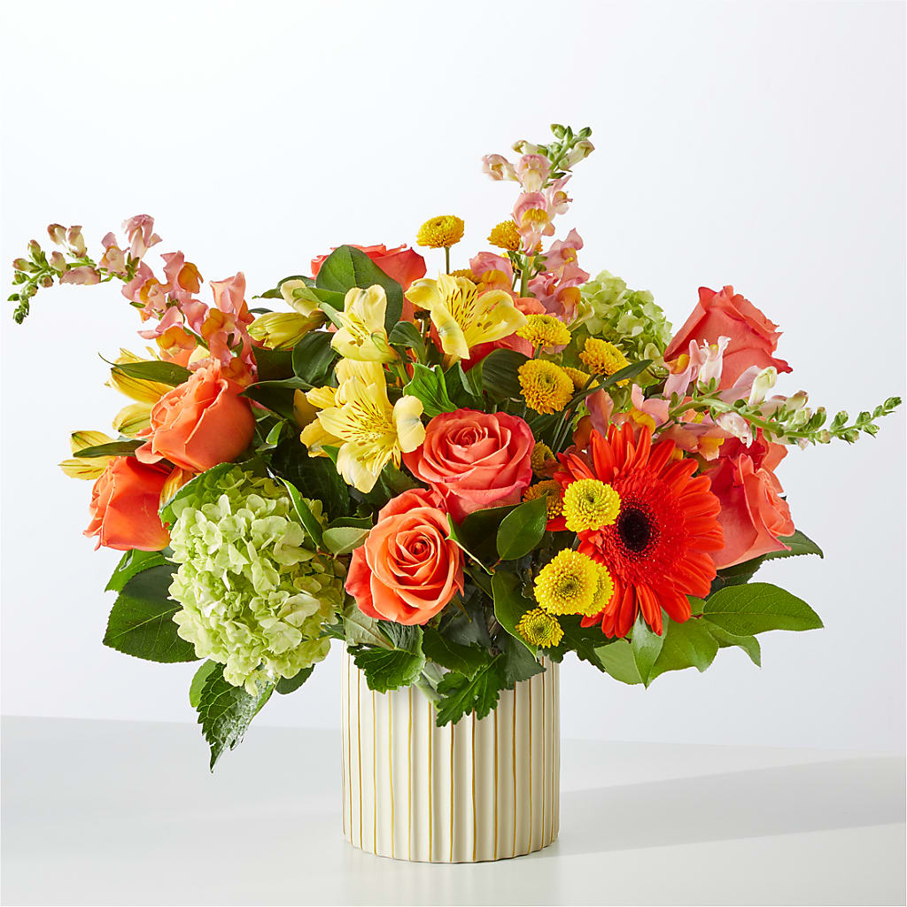 Autumn Sunshine Bouquet with Ivory Vase – ROSEMARY & PEPPER FLOWER CO, Gaylord MI