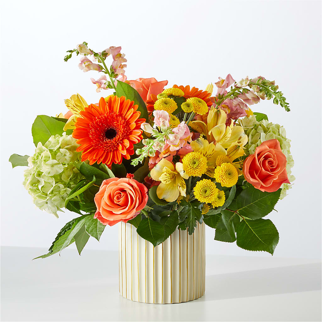 Autumn Sunshine Bouquet with Ivory Vase – ROSEMARY & PEPPER FLOWER CO, Gaylord MI