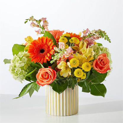Autumn Sunshine Bouquet with Ivory Vase – ROSEMARY & PEPPER FLOWER CO, Gaylord MI