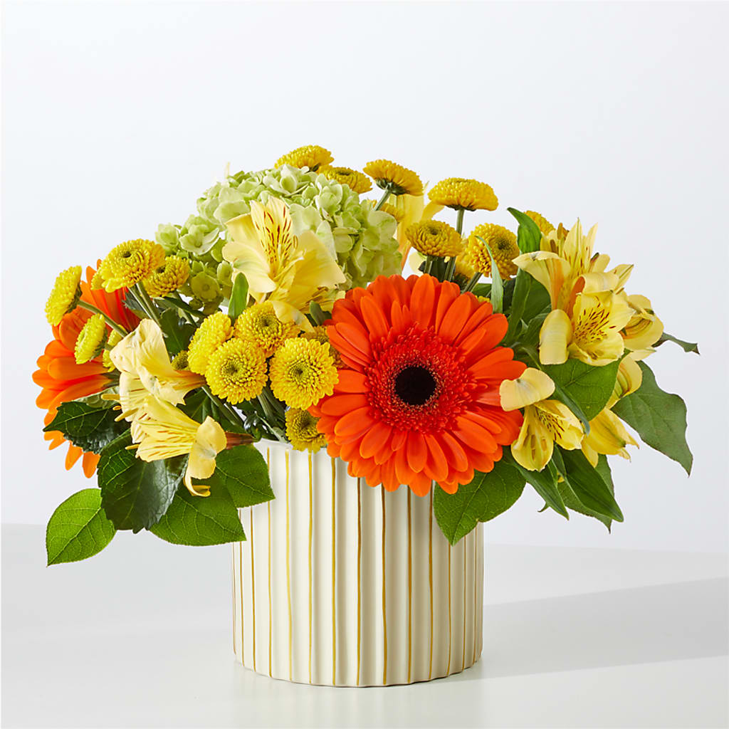 Autumn Sunshine Bouquet with Ivory Vase – ROSEMARY & PEPPER FLOWER CO, Gaylord MI
